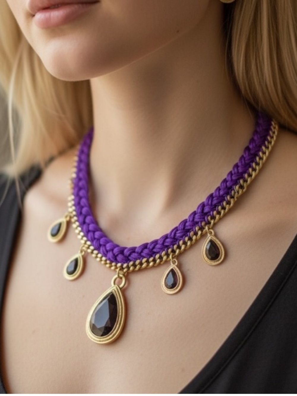 Gold and Purple Teardrop Pendant Necklace - Women Jewelry